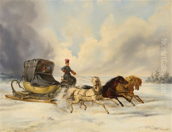 Eine Schlittenfahrt Durch Die Russische Steppe Oil Painting by Otto Grashof