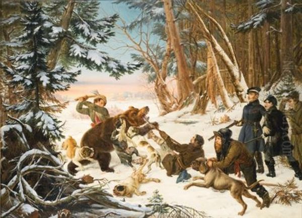 The Tsarevich Alexander Nikolaevich On A Bearhunt On The Outskirts Of Moscow Oil Painting by Otto Grashof