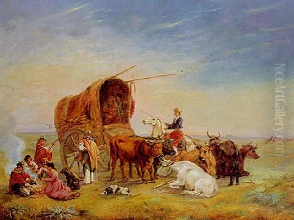 Indios Und Gauchos In Der Pampa, Mit Ihrem Vieh Um Einen Planwagen Gruppiert Oil Painting by Otto Grashof