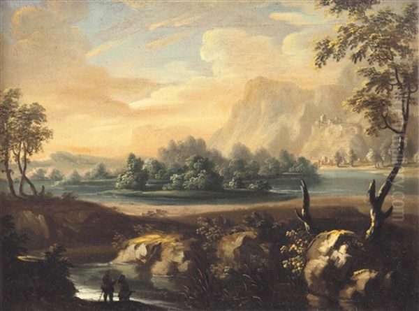 Weite Flusslandschaft Mit Personenstaffage Oil Painting by Ignaz Norbert Grasmair