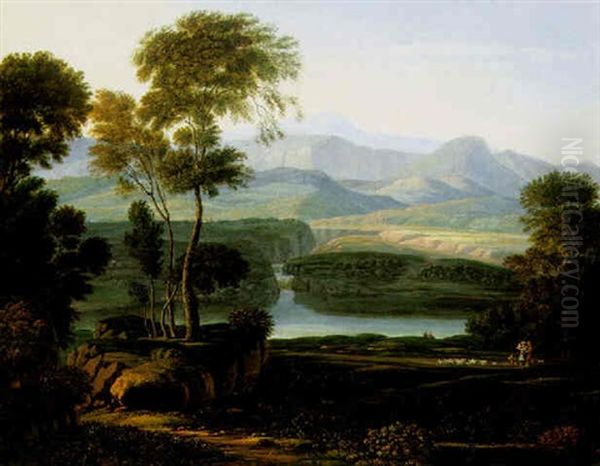 An Italianate Landscape With A Shepherd Family Driving Their Flock Beside A Lake Oil Painting by Karl Gotthard Grass