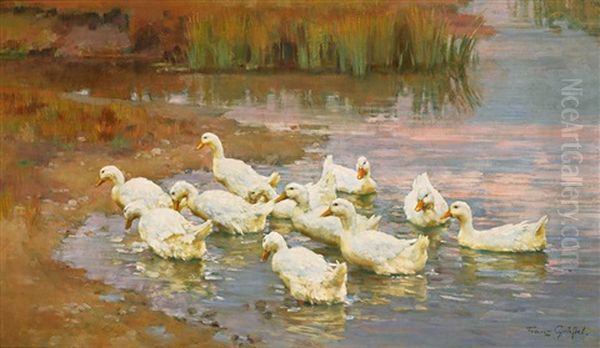 Elf Enten Am Ufer Eines Teiches. Meisterlich! Oil Painting by Franz Graessel