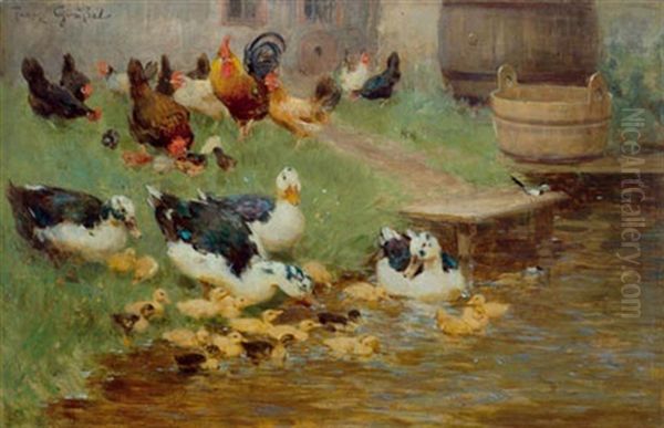 Enten Und Huhner Am Teich Oil Painting by Franz Graessel