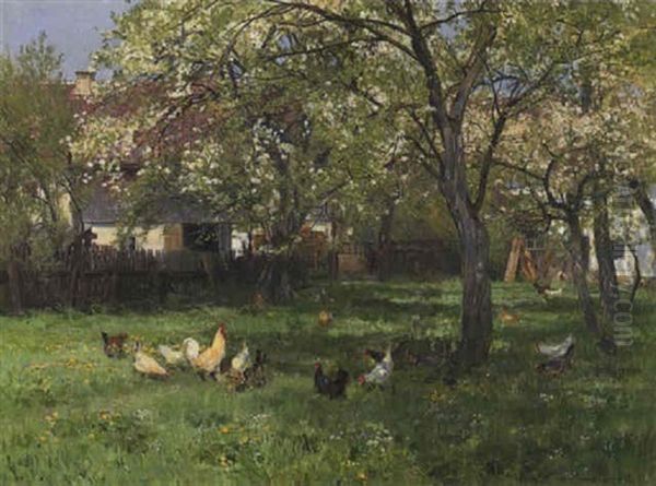 Fruhlingslandscaft: Huhner Auf Der Wiese Unter Dem Bluhenden Obstbaum Vor Dem Gehoft Oil Painting by Franz Graessel