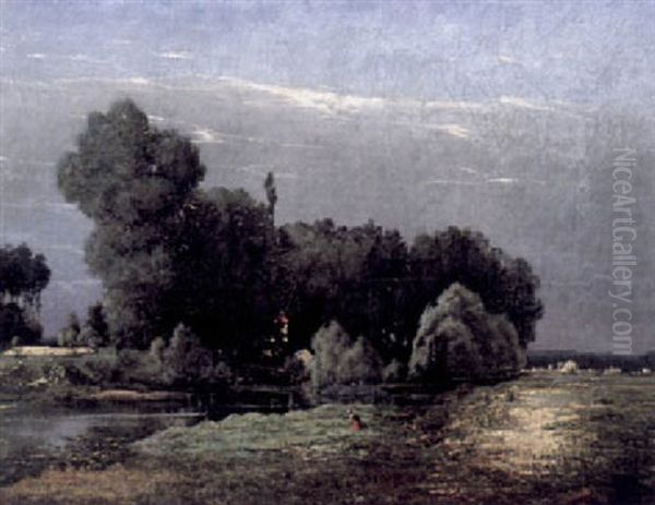 Besonnte Fluslandschaft Mit Malerischer Baumgruppe, Figurenstaffage Und Fernem Kirchdorf Oil Painting by Auguste Grasset