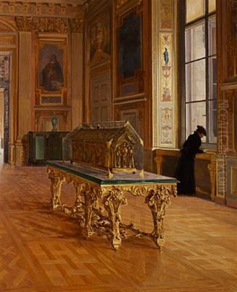 Interior From The Louvre. A Young Clergyman Is Looking At The Exhibits. On A Magnificent Table, A Reliquary Oil Painting by Edmund Grasset