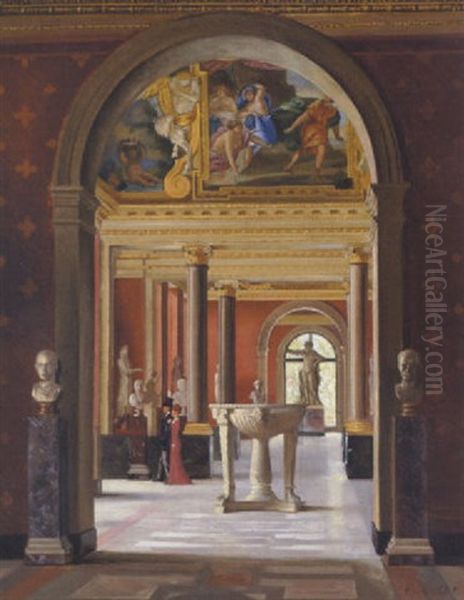 Ungt Velklaedt Par, Der Betragter Marmorskulpterer. Interior Fra Louvre Oil Painting by Edmund Grasset