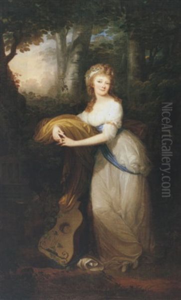 Portrait Of Princess Christine Radziwill Wearing A White Dress With A Blue Sash And Gold Mantle, In A Wooded Landscape Oil Painting by Giuseppe (Josef) Grassi