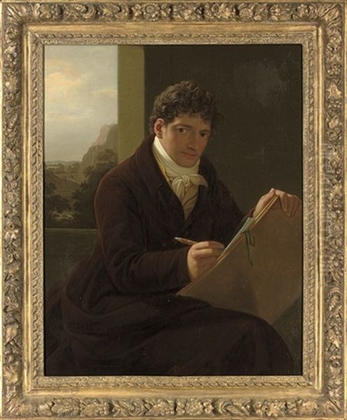 Self-portrait, Three-quarter-length, Seated In A Brown Coat, Sketching, A Landscape Beyond Oil Painting by Jozef Grassi