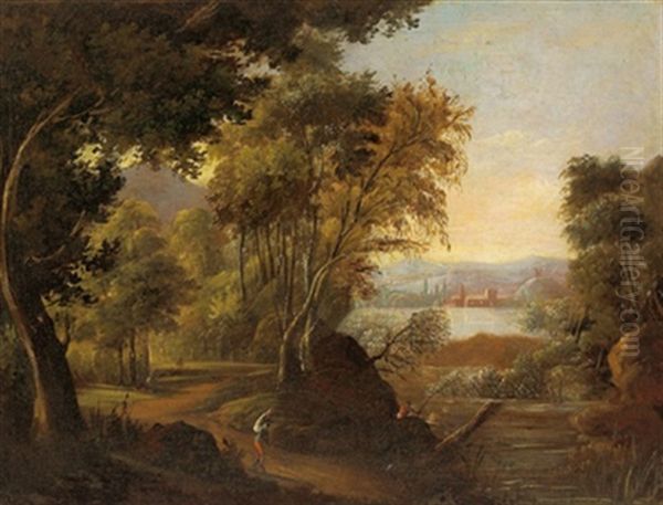 Bewaldete Flusslandschaft Oil Painting by Johann Georg Dominikus Grassmayr