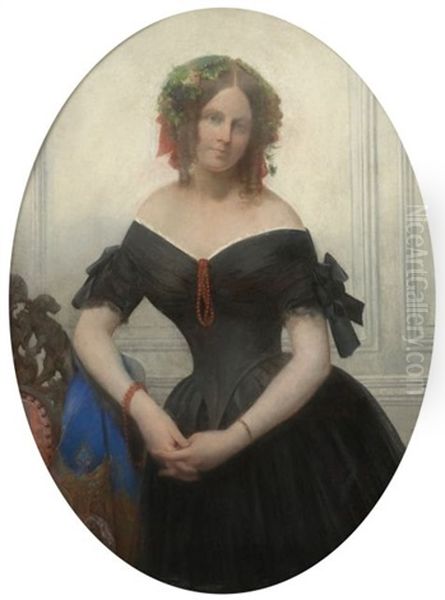 Portrait De Femme Vetue D'une Robe Noire Et Perles De Corail Oil Painting by Charles Louis Gratia