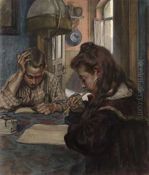 Bei Den Hausaufgaben Oil Painting by Fritz Graetz