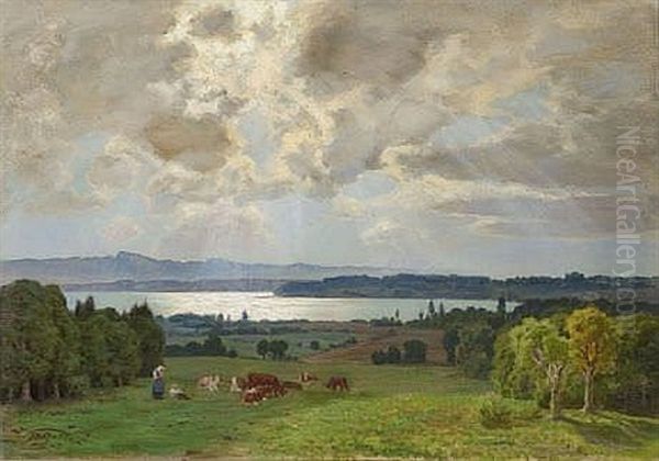 Hirten Mit Kuhherde Am Ufer Des Simssees Oil Painting by Theodor Graetz