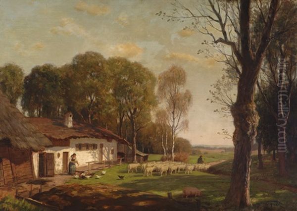 Landscape With Farm Oil Painting by Theodor Graetz