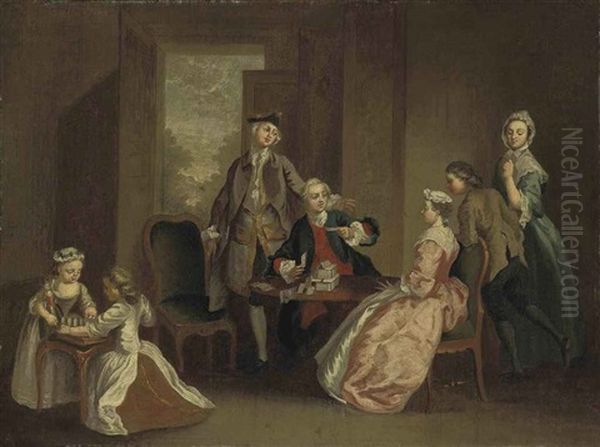 A Conversation Piece With Elegant Figures Playing Cards In An Interior Oil Painting by Hubert-Francois Gravelot