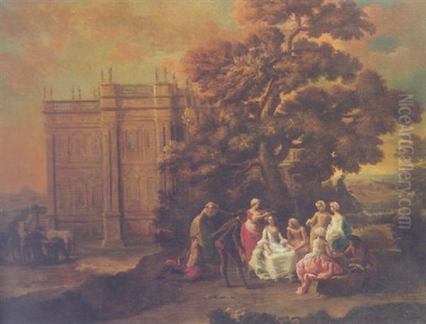 An Elegant Company Relaxing In The Grounds Of A Villa Oil Painting by Hubert-Francois Gravelot