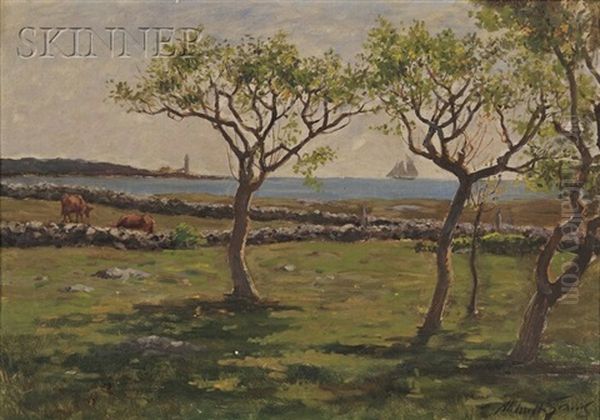 Cows At Pasture With A Schooner And Lighthouse In The Distance Oil Painting by Abbott Fuller Graves