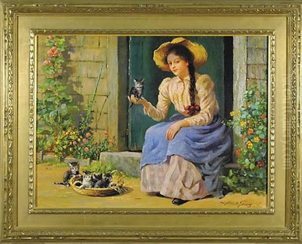 Garden Scene With Kittens Oil Painting by Abbott Fuller Graves