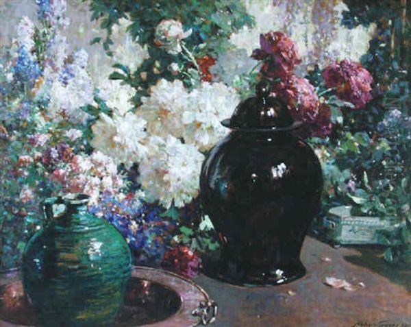 Peonies And Chinese Jar Oil Painting by Abbott Fuller Graves