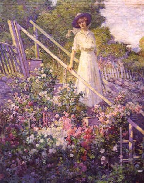 Lady In White In The Garden Oil Painting by Abbott Fuller Graves