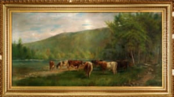 Landscape With Cows At A Stream Oil Painting by Albert Melville Graves