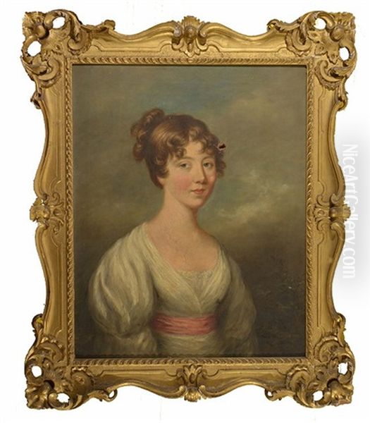 Head And Shoulders Portrait Of A Young Lady, Her Hair Tied In A Bun And Wearing A Cream Dress Tied By A Crimson Sash Oil Painting by Frederick Percy Graves