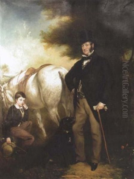 Sir John Hesketh Lethbridge, 3rd Baronet And His Son Albert Arthur Erin Lethbridge, With A Grey Hunter And A Black Retriever In A Park Oil Painting by Henry Richard Graves