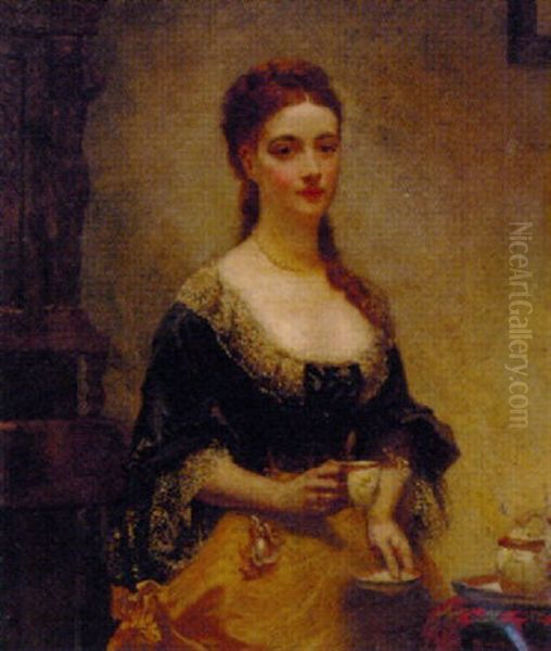 Portrait Of Alice Charlotte Arobin In A Black And Gold Dress With Lace Trim, Having Tea, In An Interior Oil Painting by Henry Richard Graves