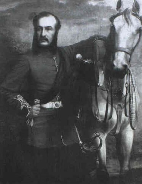 Portrait Of A Captain Of The Welsh Regiment,                Three-quarter-length, Wearing Uniform And Standing Beside Oil Painting by Henry Richard Graves