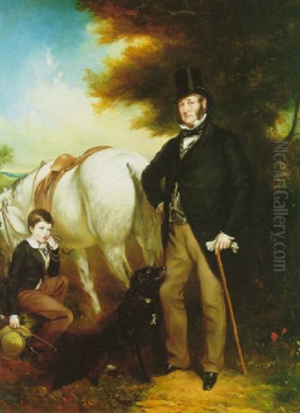 Portrait Of Sir John Hesketh Lethbridge, 3rd Bt. And His Son, Albert Arthur Erin With A Hunter And A Dog Oil Painting by Henry Richard Graves