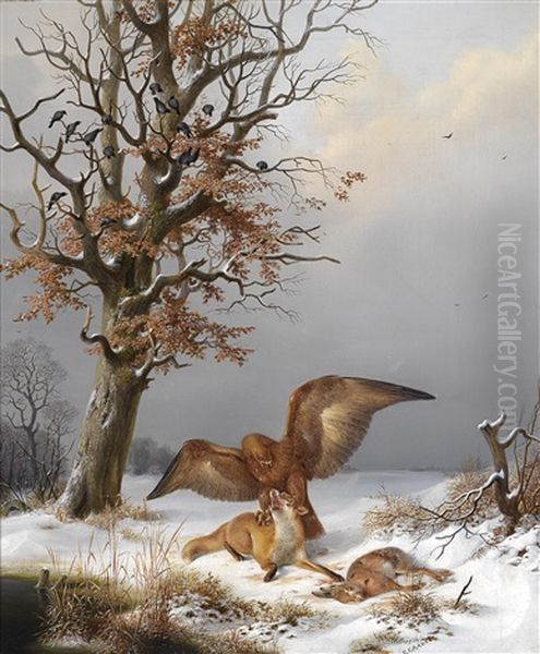 Ein Steinadler Kampft Mit Einem Fuchs Um Den Hasen by Eduard Grawert