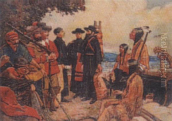 Father Hennepin, Jesuit Priest, Taking Leave Of La Salle To Discover The Headwaters Of The Mississippi Oil Painting by Claude W. Gray