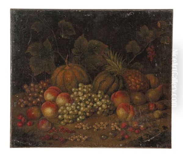 Melons, Cantelopes, A Pineapple, Grapes On The Vine, Pears, Peaches, Rasberries, Red Currants, White Currants, And Other Fruit In A Wooded Clearing Oil Painting by George Gray