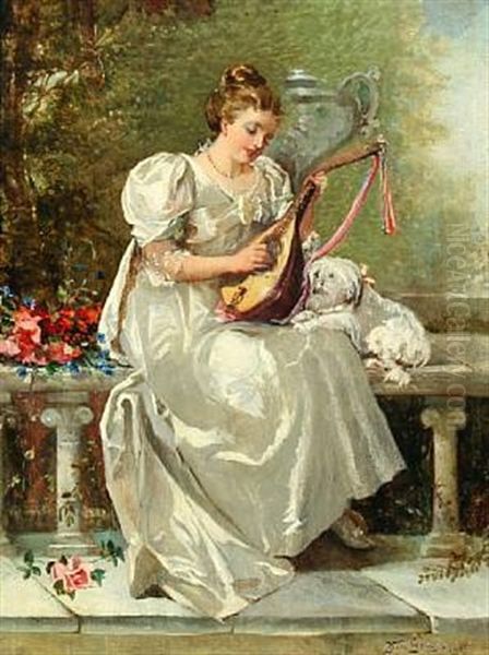 Woman In Elegant Dress Playing The Lute Oil Painting by Kate (Kathryn) Gray