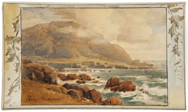 Coastal Scene With A Holly Leaf Border by Percy Gray