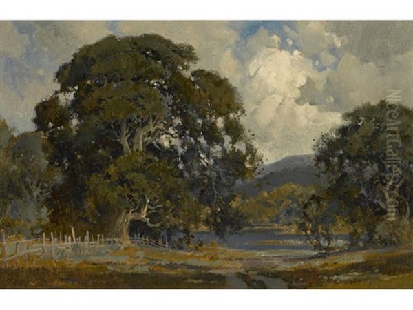 Oaks Under Cloudy Skies With A Lake In The Distance Oil Painting by Percy Gray