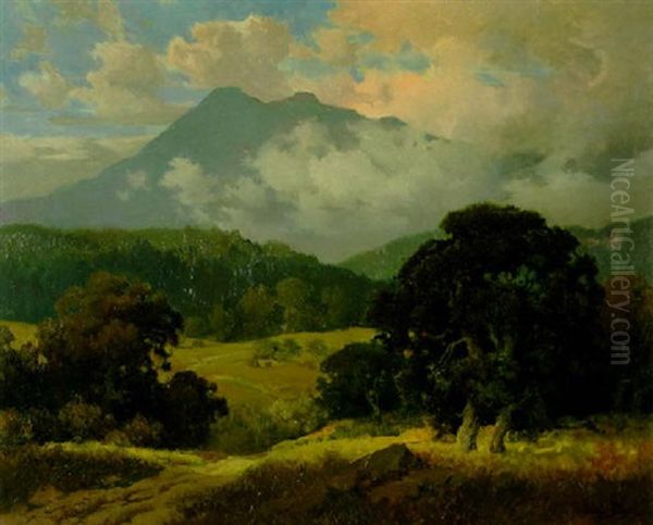 Sun Dappled Oaks With Mount Tamalpais In The Distance Oil Painting by Percy Gray