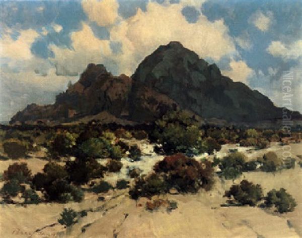 Desert Rock Formations With Blooming Shrubs Oil Painting by Percy Gray