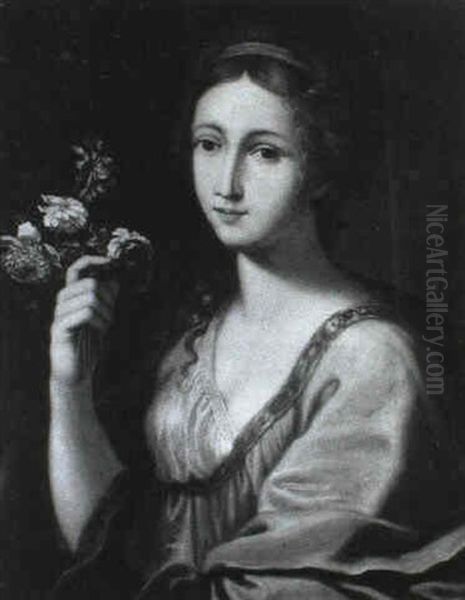 Portrait De Jeune Femme Tenant Un Bouquet De Fleurs Oil Painting by Ercole Graziani the Elder