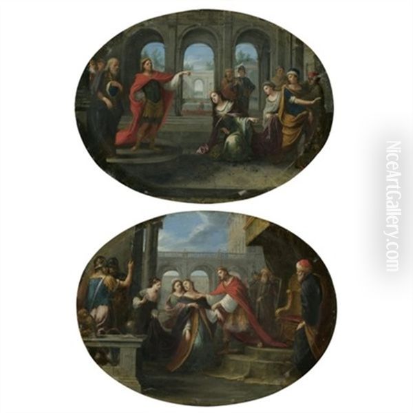 Esther Interceding With Ahasuerus To Spare The Jews (+ Esther Swooning With Relief At The Clemency Of Ahasuerus; Pair) Oil Painting by Ercole Graziani the Younger