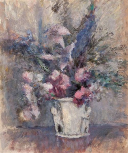 Pink And Blue Flowers Oil Painting by Edmund William Greacen