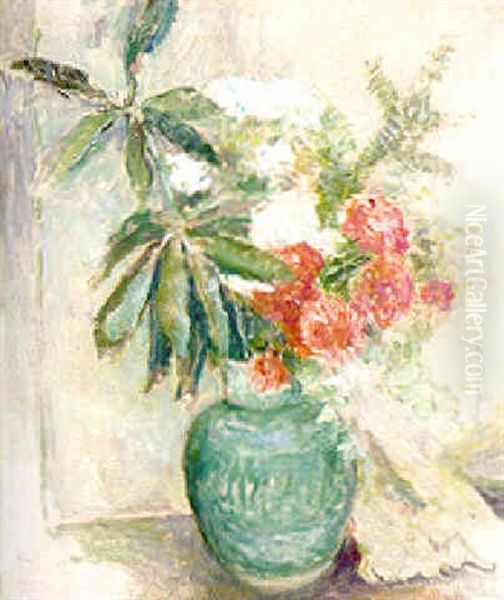 Flowers In Green Vase Oil Painting by Edmund William Greacen