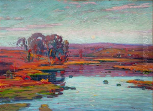 Landscape With Trees And Pond At Sunset Oil Painting by William Greason