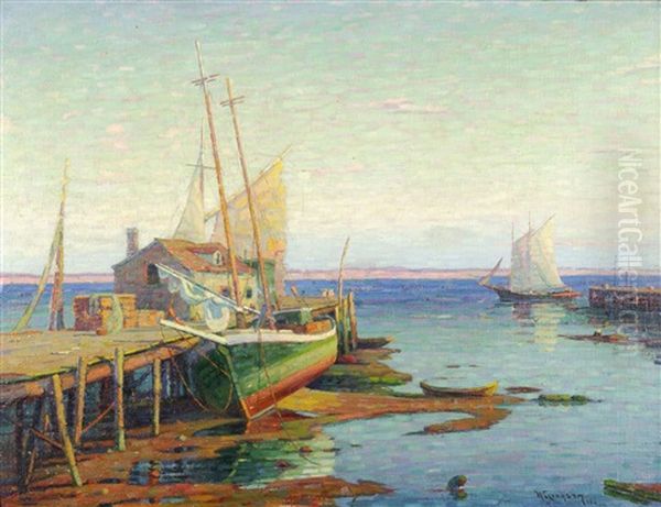 Docked Boat At Wharf Side With Sailboat On Horizon Oil Painting by William Greason