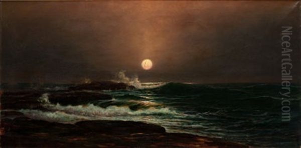 Coastal Surf By Moonlight Oil Painting by Harry E. Greaves