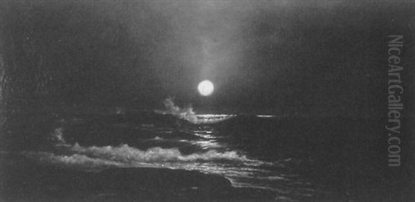 Coastal Surf By Moonlight Oil Painting by Harry E. Greaves