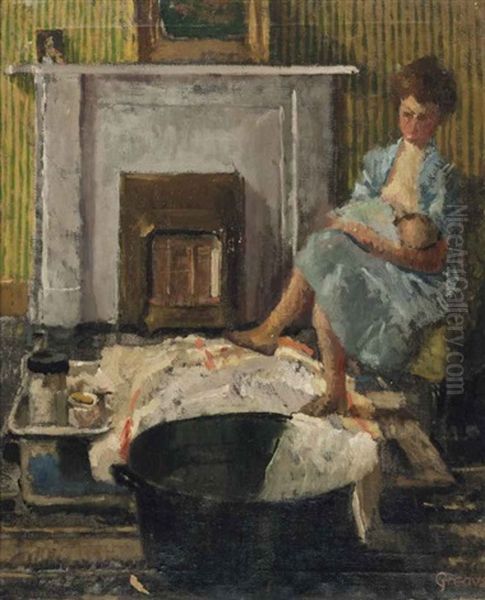 Nursing By A Fireside Oil Painting by Walter Greaves