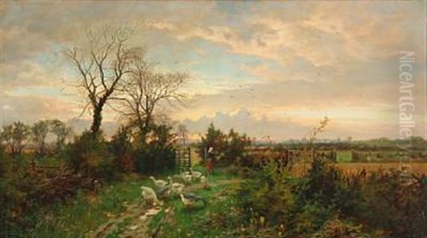 Landscape With A Girl Garding Her Geese Oil Painting by William Greaves