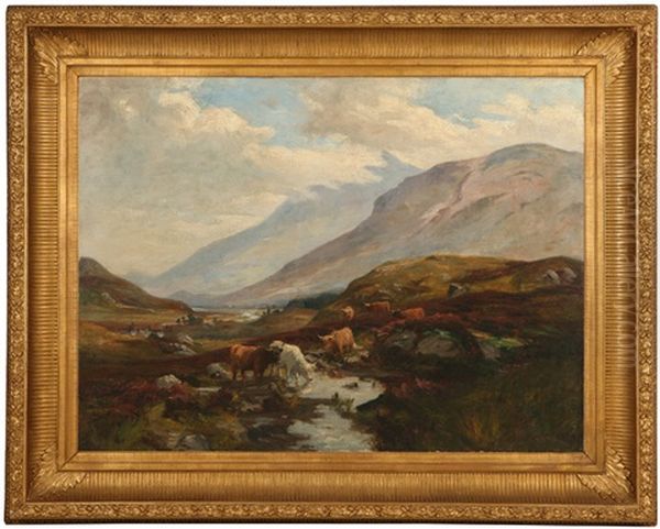 Cattle Watering In A Highland River Valley Oil Painting by William Greaves