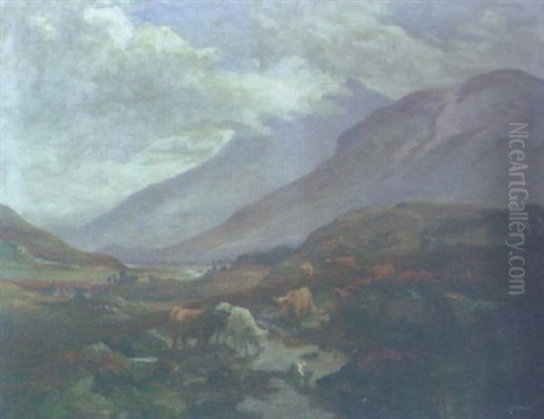 Cattle Watering In A Highland River Valley Oil Painting by William Greaves